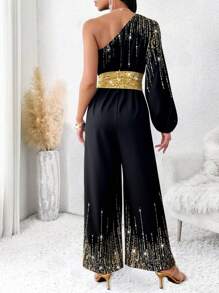 Lyxana 肩部镂空收腰闪亮印花连体裤 - 黑色 - 查看 2