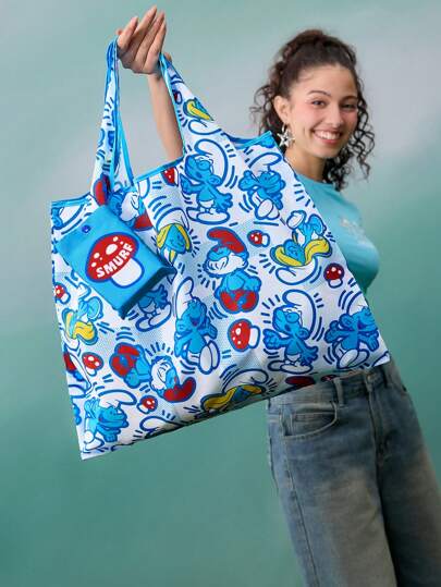 SHEIN X The Smurfs Bolsa de compras plegable y reutilizable con estampado de setas adorables