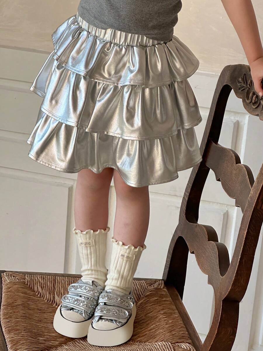 Dazy Kids Young Girl Solid Color Pleated Minimalist Casual Skirt, Vacation - Silver - View 1