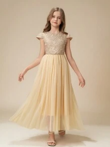 Tween Girl Lace & Mesh Patchwork Sleeveless Round Neck Elegant Party Dress, Flared A-Line Skirt, Suitable For Party, Valentine's Day, Wedding, Flower Girl & Bridesmaid