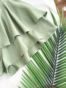 SHEIN Teen Girls' Green Textured Bubble Chiffon Layered Ruffled Cinched Waist Romper Jumpsuit, Leisure Holiday Style, Spring Summer - Green - View 4