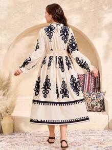 SHEIN Teen Girl Apricot Vacation Black Apricot Pattern Color Block Design, Placement Flower, Stand Collar Waisted Long A-Line Ruffle Puff Sleeve Dress, Casual Beach Holiday, Vacation Dress - Apricot - View 2