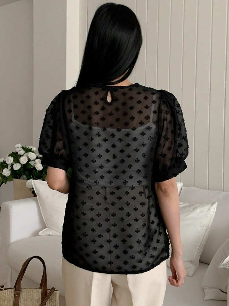 Plain Texture Mesh Puff Sleeve Round Neck Women Blouse