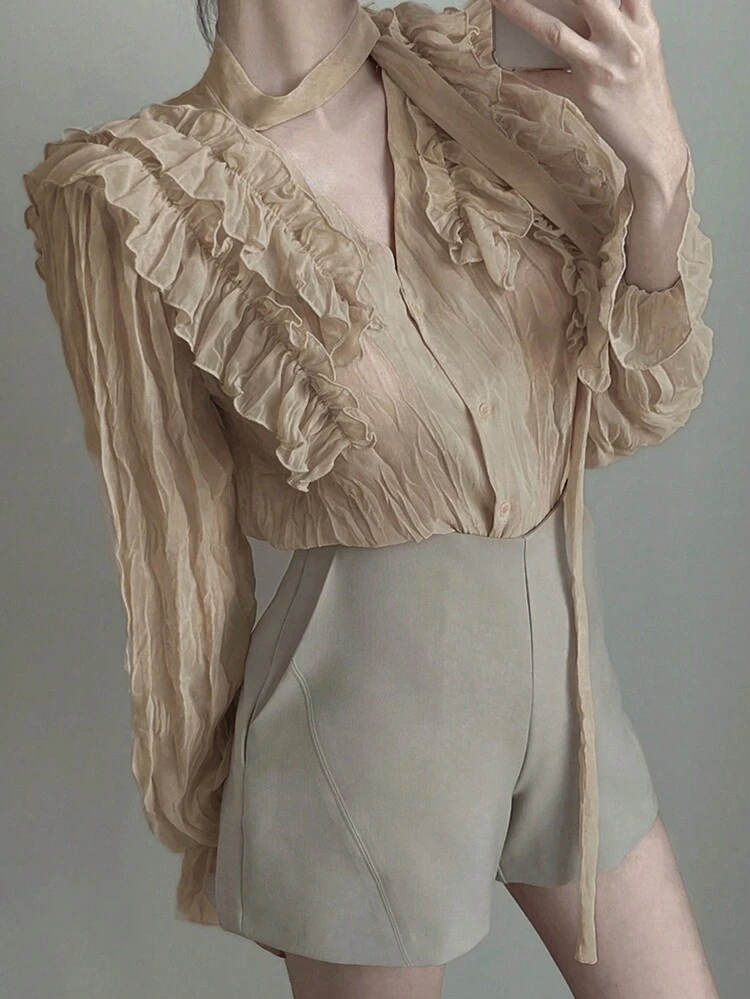 Women's Frill Trim Lace Up Loose Elegant Blouse, Spring/Summer/Autumn Long Sleeve