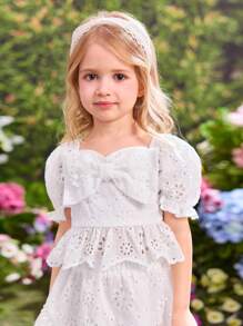 SHEIN Setelan 2 Potong Atasan Lengan Pendek Putih dengan Pita dan Rok Mini untuk Anak Perempuan dari Fern Glow, Liburan Musim Panas - Putih - View 7