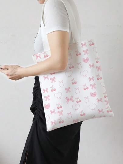 Kawaii Cute Pink Bow Hearted Cherry Print Double-Sided Canvas Shoulder Tote Bag