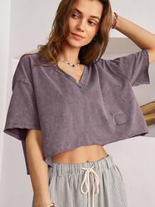 Bohemela Boho V-Neck Drop Shoulder Short Sleeve Women T-Shirt - Purple - View 3