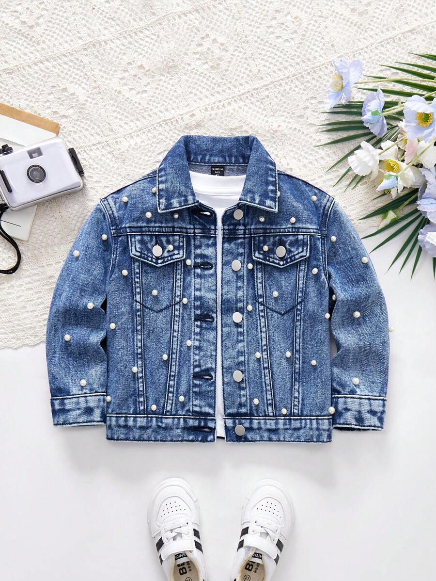 SHEIN Long Sleeve Single-Breasted Pearl Embroidered Denim Jacket For Young Girls, School, Campus, College - Dark Wash - View 1