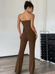 SHEIN EZwear Conjunto de 2 piezas con top camisero asimétrico fruncido color marrón mousse y pantalones acampanados, para primavera/verano - Marrón Mocha - Ver 3