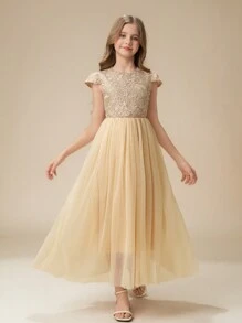 Tween Girl Lace & Mesh Patchwork Sleeveless Round Neck Elegant Party Dress, Flared A-Line Skirt, Suitable For Party, Valentine's Day, Wedding, Flower Girl & Bridesmaid