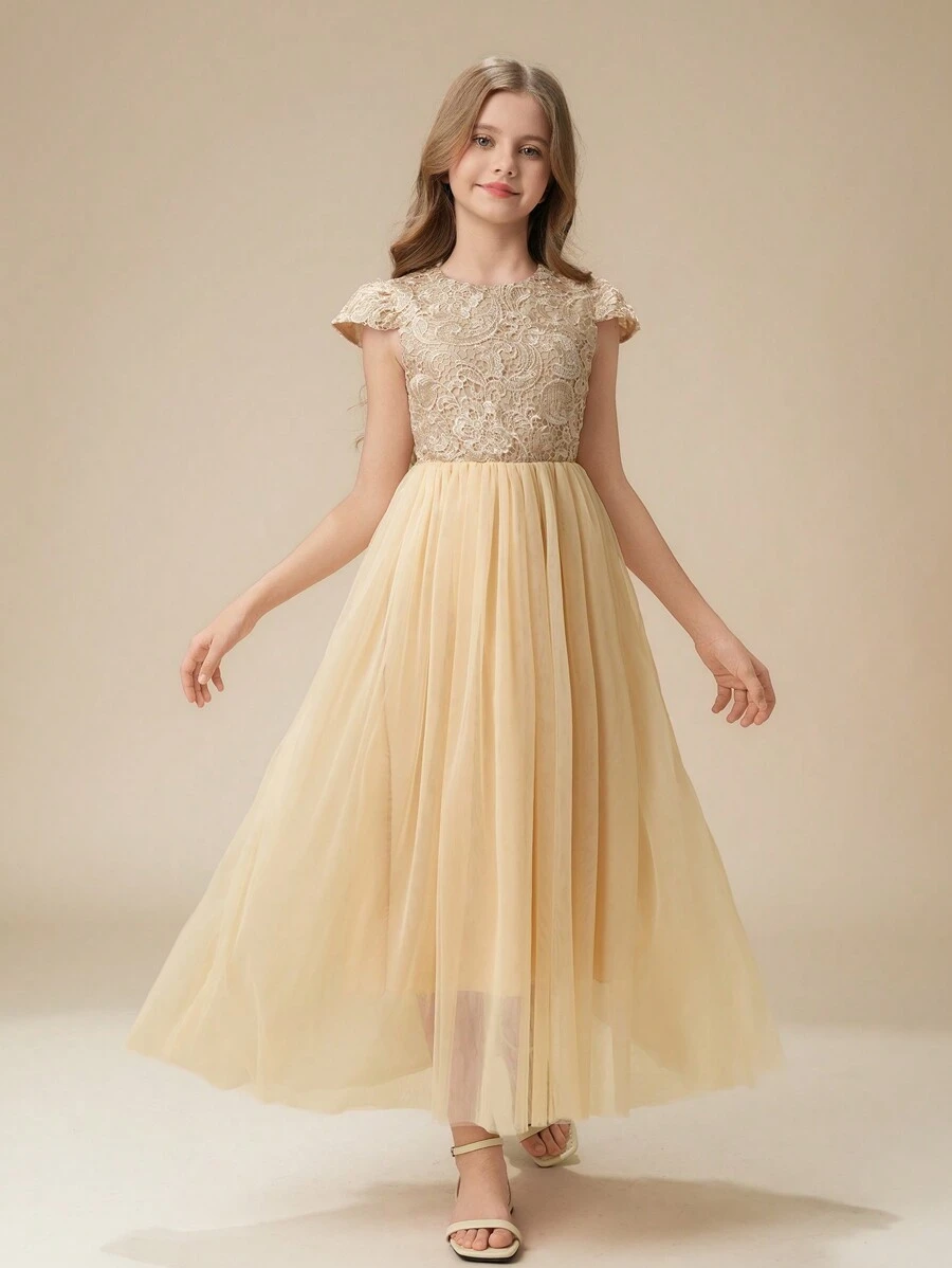 Tween Girl Lace & Mesh Patchwork Sleeveless Round Neck Elegant Party Dress, Flared A-Line Skirt, Suitable For Party, Valentine's Day, Wedding, Flower Girl & Bridesmaid