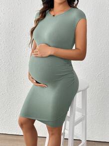 SHEIN 孕妇纯色休闲连衣裙，舒适日常穿着 - 綠色 - 查看 1