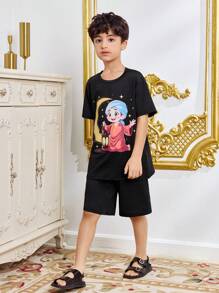 2pcs Tween Boy Casual Retro Printed T-Shirt And Shorts Set, Daily Wear - Black - View 3