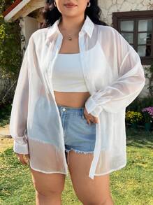 SHEIN EZwear Plus Size Women Beachwear White Shirt Chiffon See-Through Tie Back Blouse, Spring Summer Clothes
