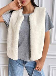 SHEIN EZwear Cream Faux Fur Vest For Women, Cozy Sleeveless Cardigan, Furry Top, Winter Vest Shirt - White - View 6