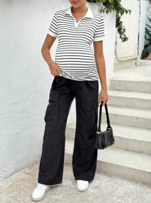 SHEIN Áo thun sọc cổ bẻ tay ngắn thường ngày đa năng cho bà bầu - Đen và trắng - Xem 7
