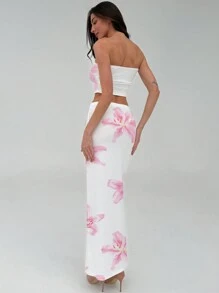 Aloruh Conjunto de 2 piezas de top tubo acanalado y falda con estampado floral elegante y sexy en rosa, adecuado para vacaciones de primavera/playa, cita romántica de San Valentín, salida de moda, festival de música