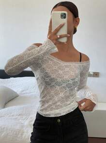 DAZY Solid Color Lace Slim Fit Open Shoulder Women's Blouse Festival Sheer,Fall Clothes Long Sleeve Top Off Shoulder Top - White - View 1