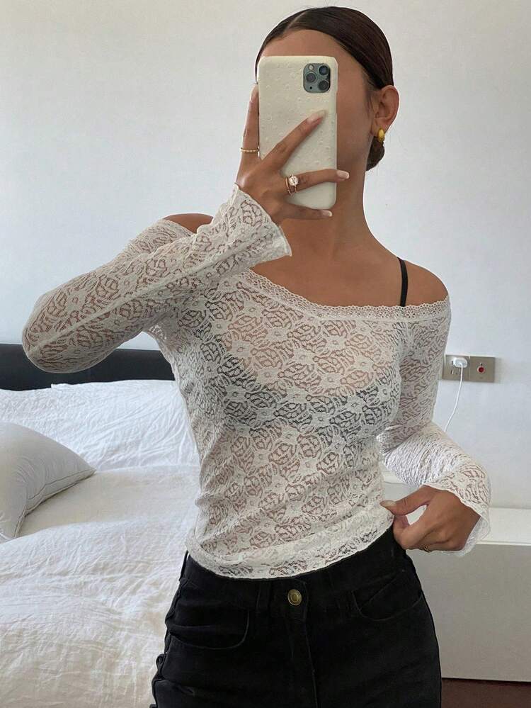 Solid Color Lace Slim Fit Open Shoulder Women's Blouse Festival Sheer,Fall Clothes Long Sleeve Top Off Shoulder Top