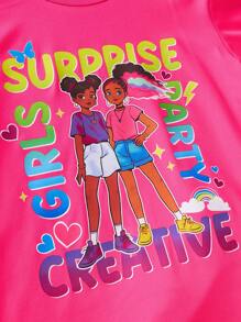 2 件卡通印花短袖上衣和纯色短裤青少年女孩休闲简约服装 - 彩色 - 查看 4