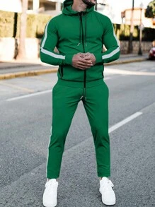 Manfinity Sport Streetwear Men 2 Pieces Set Solid Color Zipper Front Long Sleeve Top And Pants Gym Set Workout Set - Green - View 5