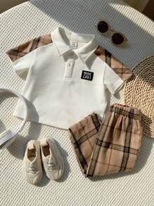 SHEIN 2 件套男婴女婴休闲绅士格子拼布 Polo 衫和卡其红黑格子裤套装，适合生日派对、洗礼、1 岁生日庆祝、晚会、表演、婚礼 - 白色 - 查看 4