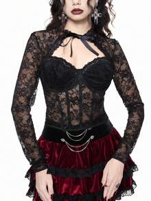 ROMWE Goth 深色情人节蝴蝶结透明渔网蕾丝上衣 - 黑色 - 查看 2