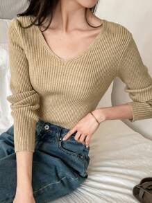 DAZY V-Neck Fitted Base Sweater, Stretch Knitted Pullover For Women Fall - Apricot - View 3