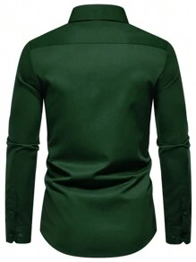 Manfinity Mode Men's Solid Color Pocket Single Breasted Casual Long Sleeve Shirt - Dark Green - View 2