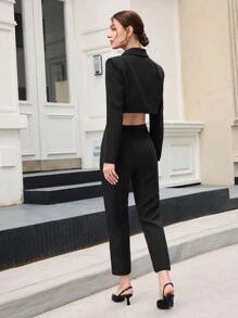 BizChic 女式两件套西装，长袖纯色衬衫和裤子 - 黑色 - 查看 3
