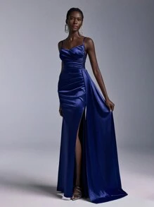 Elitara Elegant And Gorgeous Dark Blue Luxury Stretch Bright Satin Stitching Embroidered Lace Sequins V-Neck Breast Cup Pleats High Slit Fishtail Cascading Side Large Floating Pieces Decoration Suitable For Weddings, Festivals, Bachelor Parties, Graduation Evening Gowns (Heavy Industrial Style) Formal Prom Wedding Guest Dress, For Dinner Party Dress