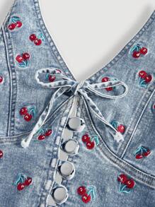SHEIN MOD Women's Denim Halter Jacket With Front Tie And Cherry Pattern - Blue - View 4