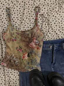 Attitoon Áo ba lỗ bó sát dây mảnh gợi cảm cổ điển dành cho nữ, họa tiết cỏ xoăn cổ điển, hoa văn cổ điển, phong cách rock cổ điển, màu đỏ Angola, phù hợp cho các lễ hội âm nhạc mùa xuân, mùa hè - Nhiều màu - Xem 5