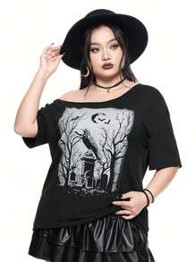 ROMWE Goth Plus Size One Shoulder Drop Sleeve T-Shirt With Vintage Cross, Raven, Tombstone, Moon And Plant Print, Horror Mysterious Distressed Print, Suitable For Spring Break Concert, Rave Outfits, Festival, Plus Size