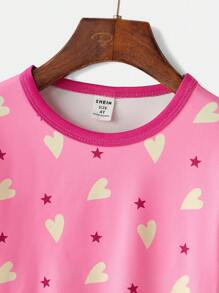 Heart Print Round Neck Long Sleeve Top And Pants Pajama Set For Young Girls - Hot Pink - View 7
