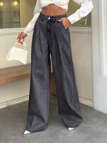 RueChic 100% Cotton HIGH WAIST WIDE LEG VINTAGE  JEAN - Dark Grey - View 3