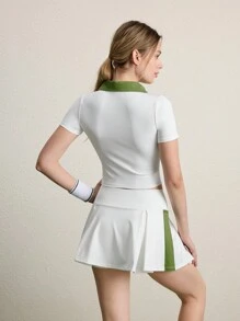 简约休闲日常女士运动纯色短袖上衣和短裤套装 - 白色 - 查看 2