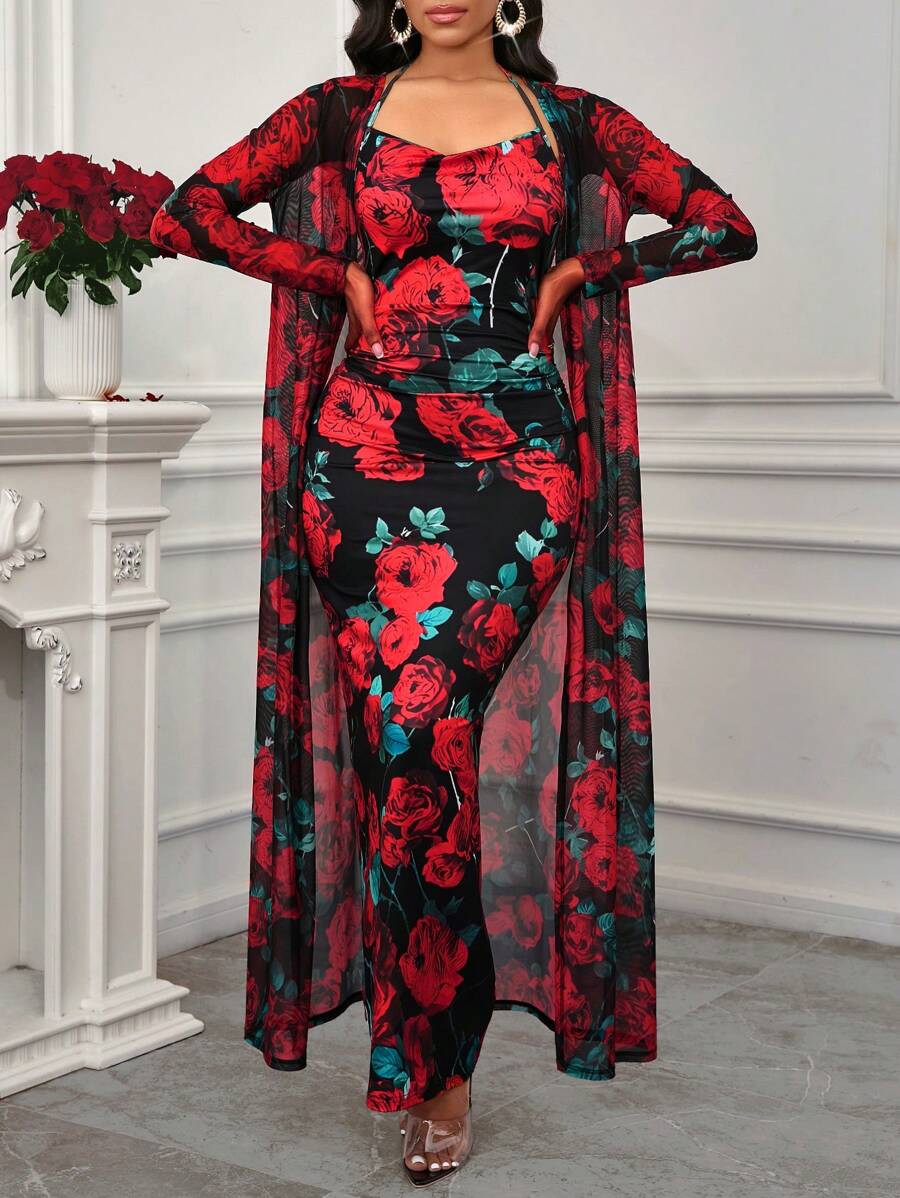 SHEIN Lady 情人节/新年派对/适合日常工作穿着/四季皆宜玫瑰印花女式花卉印花长袖长袍和 V 领连衣裙优雅 2 件套 - 彩色 - 查看 1