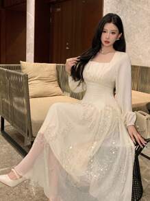 DAZY 优雅方领泡泡袖拼接中长连衣裙，适合春季婚礼宾客舞会礼服，秋季长袖连衣裙，奢华