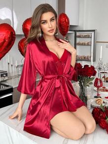 Lace Patchwork Deep V-Back Faux Silk Cami Nightgown And Robe Set