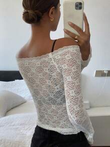 DAZY Solid Color Lace Slim Fit Open Shoulder Women's Blouse Festival Sheer,Fall Clothes Long Sleeve Top Off Shoulder Top - White - View 2