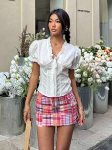 SHEIN EZwear 女士纯色前系带短袖休闲衬衫，日常穿着 - 白色 - 查看 4