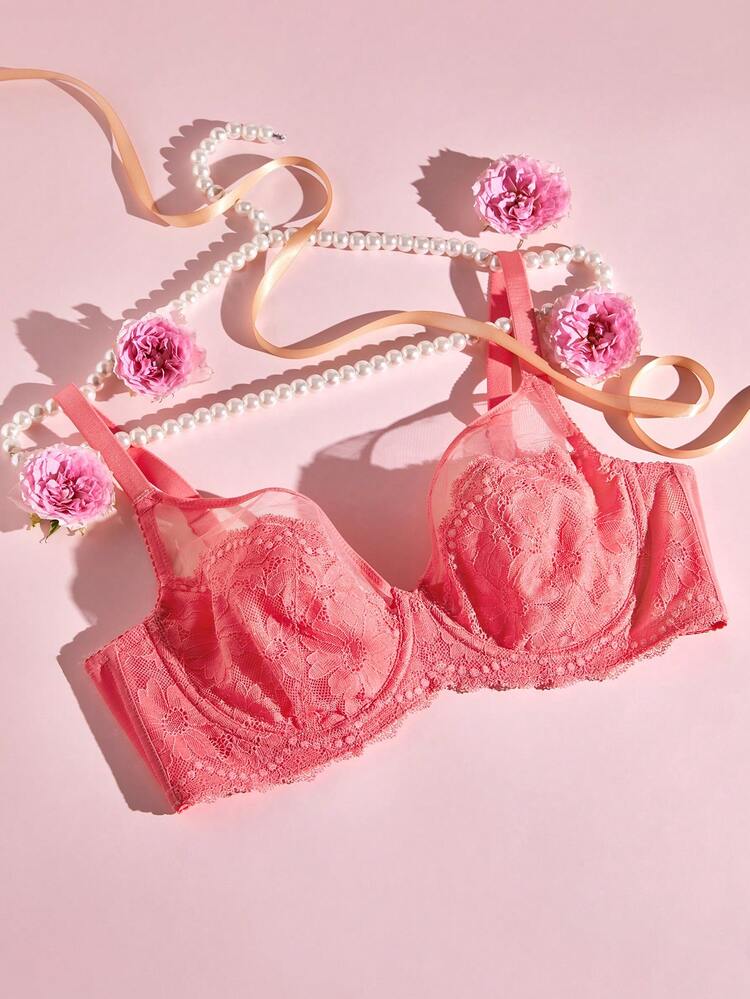Plus Full Coverage Unlined Mesh & Lace Bra