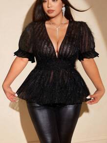 Viva Relle Blusa con escote en V profundo, mangas abullonadas y flecos, de moda y sexy, talla grande