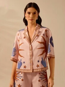 CAJUNI 女士波西米亚风恶魔之眼、太阳、星星、小鸟印花、节日休闲夏季宽松粉色衬衫 - 彩色 - 查看 1