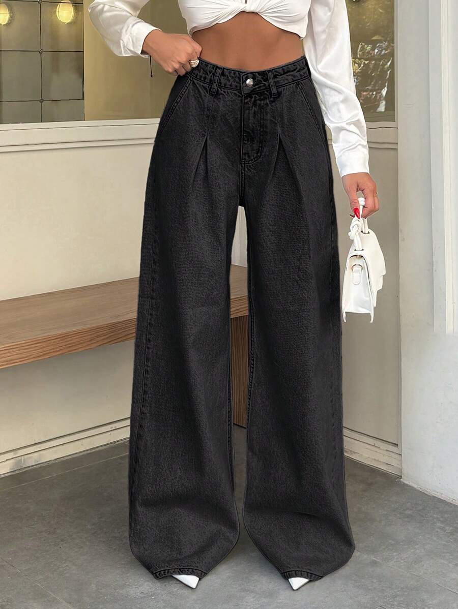 EURMUSE 100% 纯棉高腰阔腿复古牛仔裤 - 黑色 - 查看 1