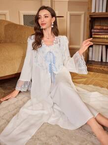 PalaceNights 2pcs/Set Contrast Floral Embroidered Camisole Nightgown Babydoll And Robe Pajama Set Holiday Season, Fall Winter Clothes Cozy And Elegant Details - White - View 5