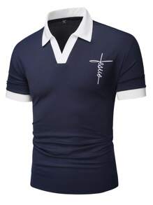 Manfinity Homme 男士纯色拼布短袖印花休闲 Polo 衫 - 寶藍色 - 查看 3