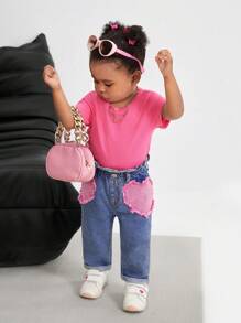 SHEIN Baby Girls Cute Heart Pocket Loose Blue Denim Harem Pants,Valentine's Day Denim Jeans - Light Wash - View 5
