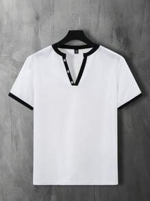 Manfinity LEGND Men's Casual Color Block Trim Notched Neck Short Sleeve T-Shirt - White - View 1